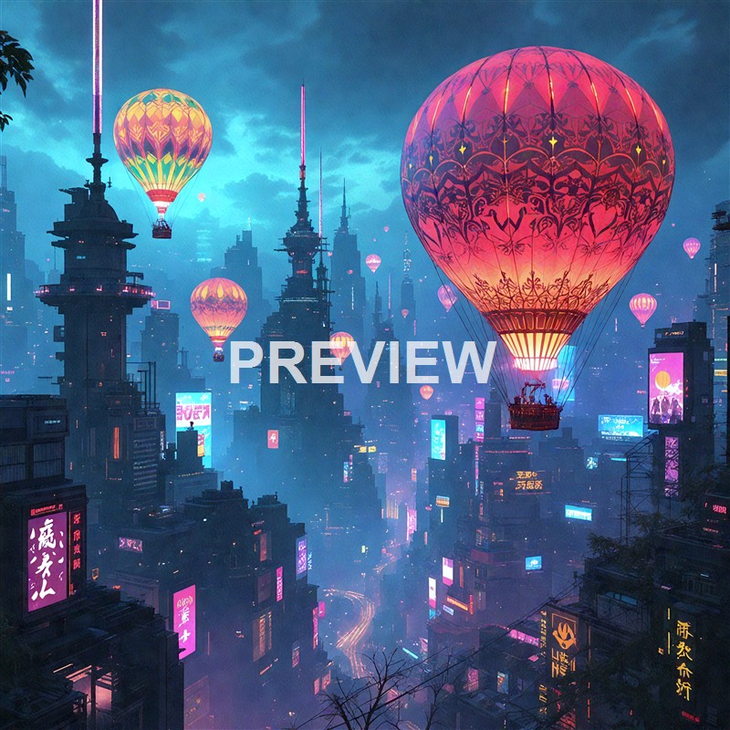 The image depicts a futuristic city skyline at dusk illuminated by neon signs and floating hot air balloons with intricate designs, creating a vibrant cyberpunk atmosphere.